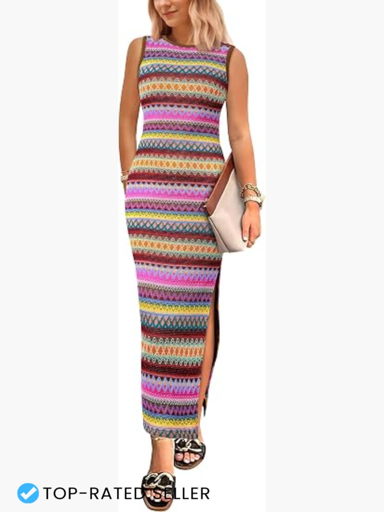 Striped Maxi Tank Dress Casual Bodycon Side Slit Summer Knit Sleeveless